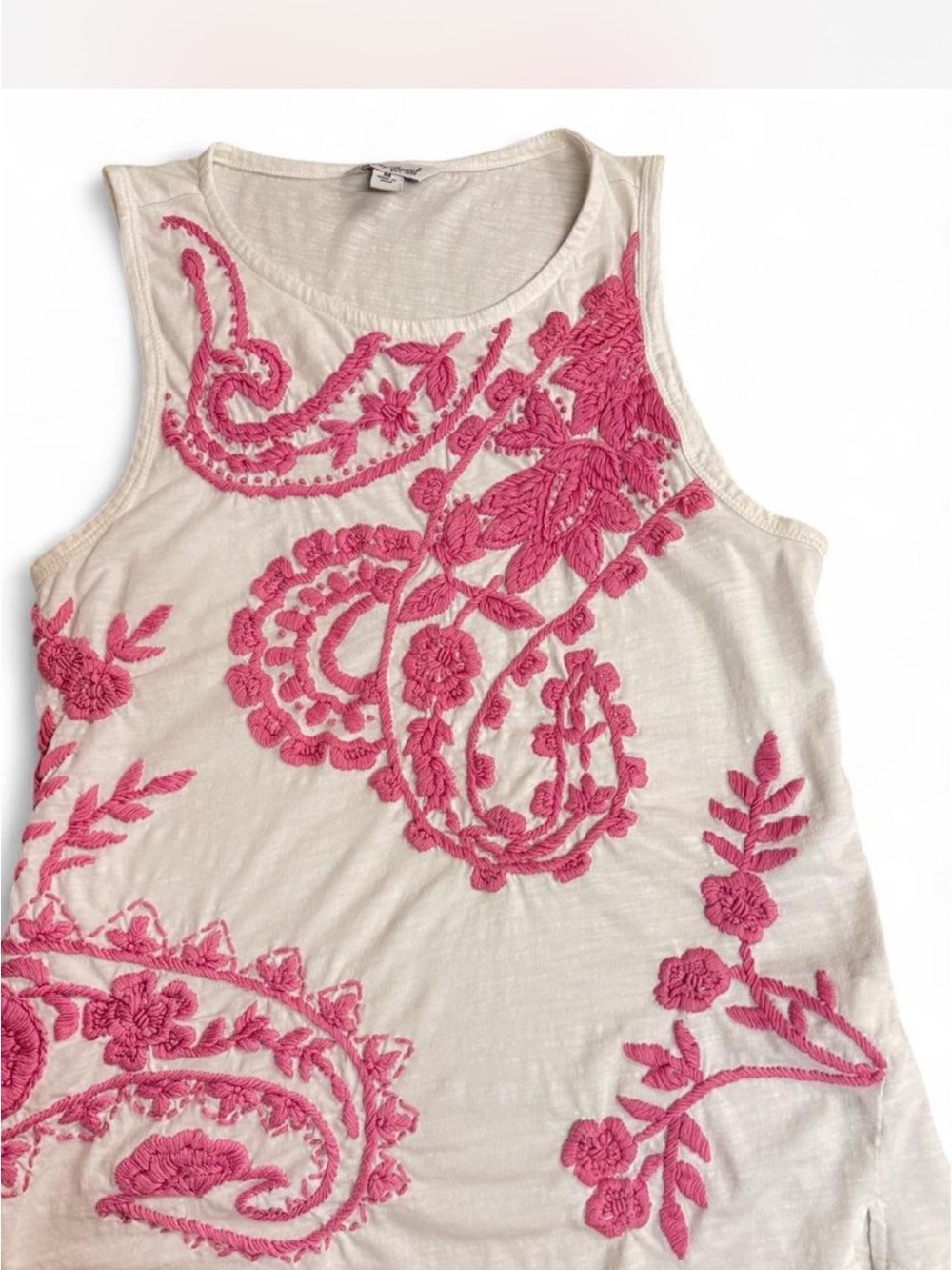 Lucky Brand White Tank with Pink Embroidered Paisley